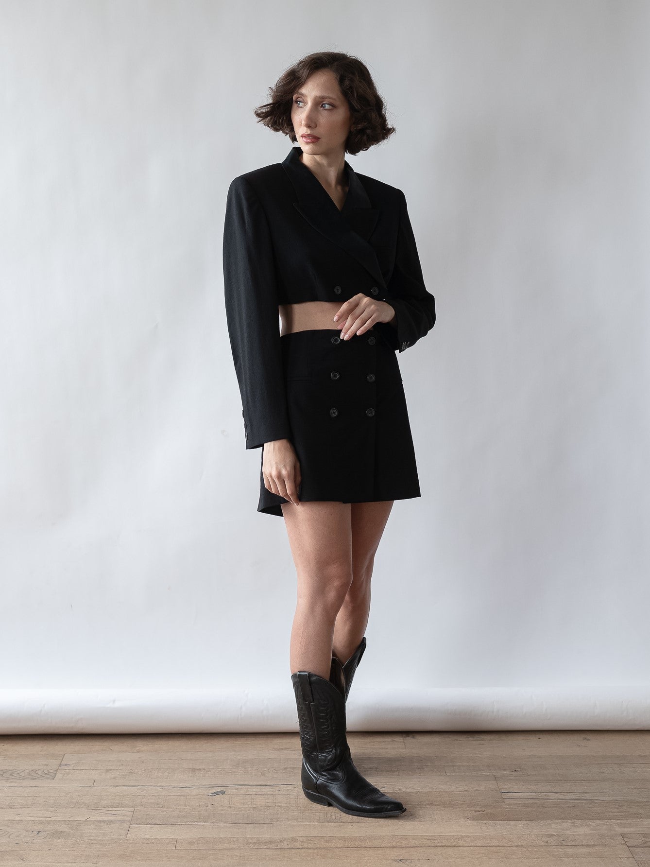 Vintage 80's Reworked Co-ord Black Skirt and Cropped Blazer Light Wool Suit