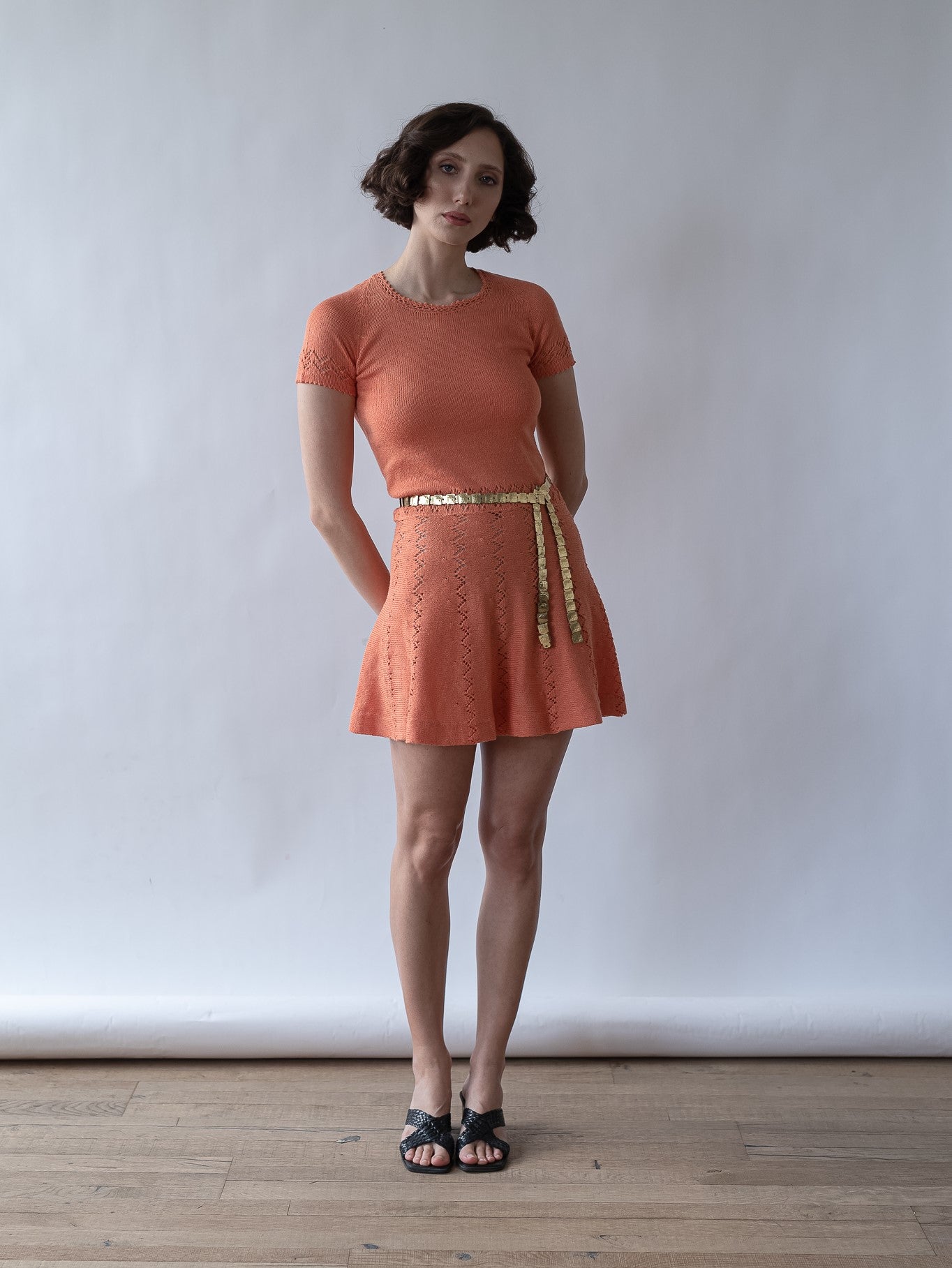 Vintage 60's Handmade Coral Knit Crochet Mini Dress (XS)
