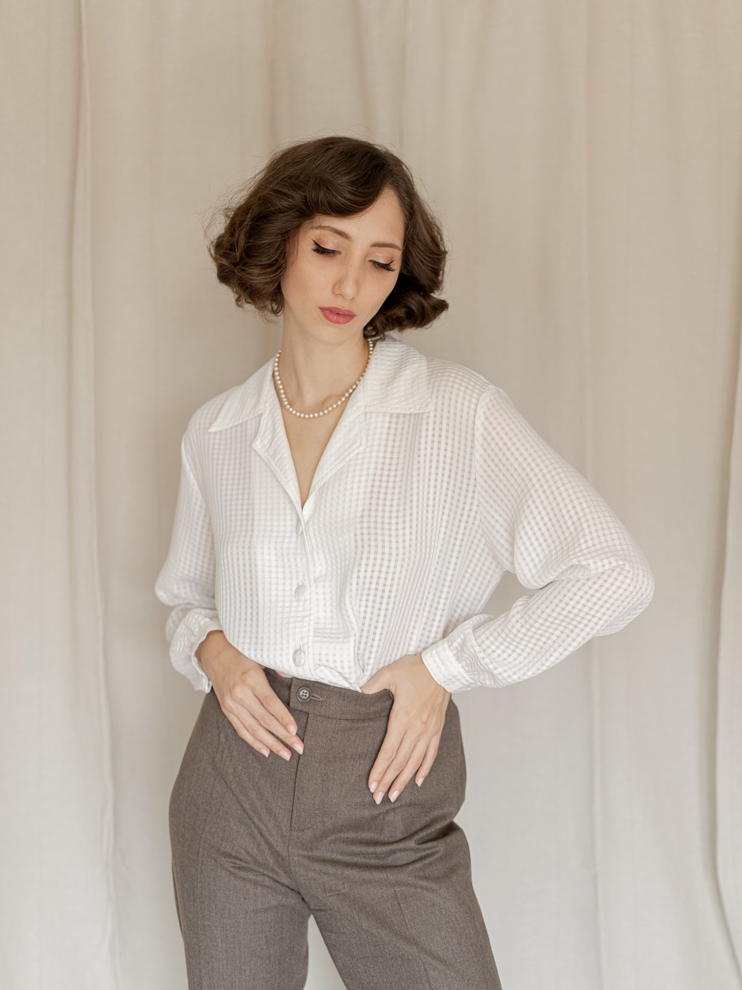 Vintage 80's White Gingham See Through Blouse (S)