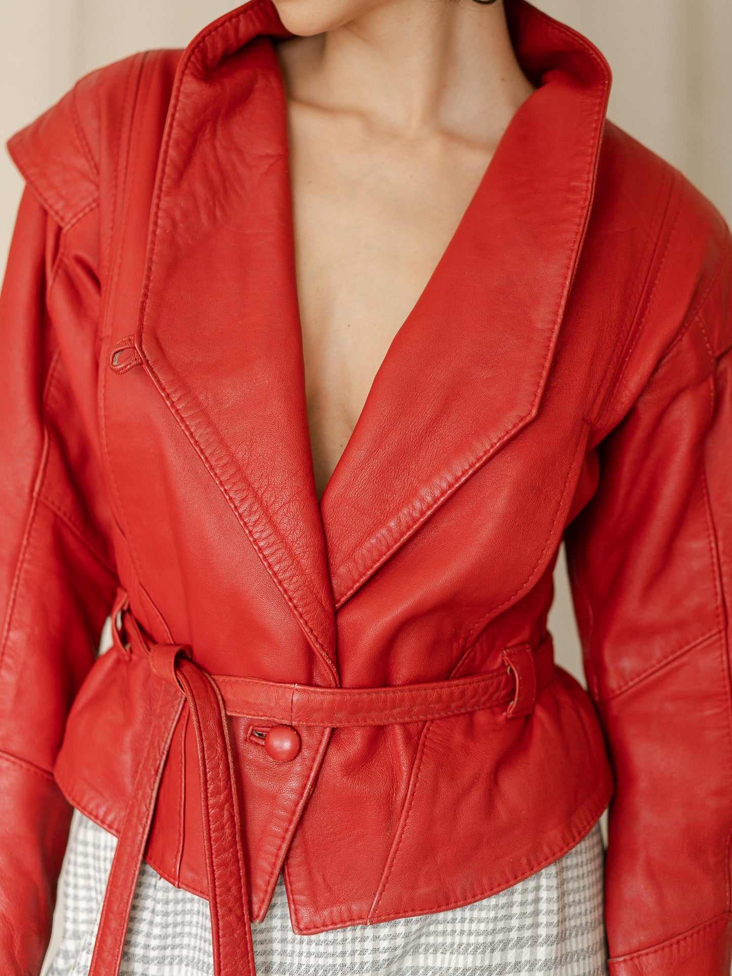 Vintage 80's Red Leather Belted Cropped Jacket (S)