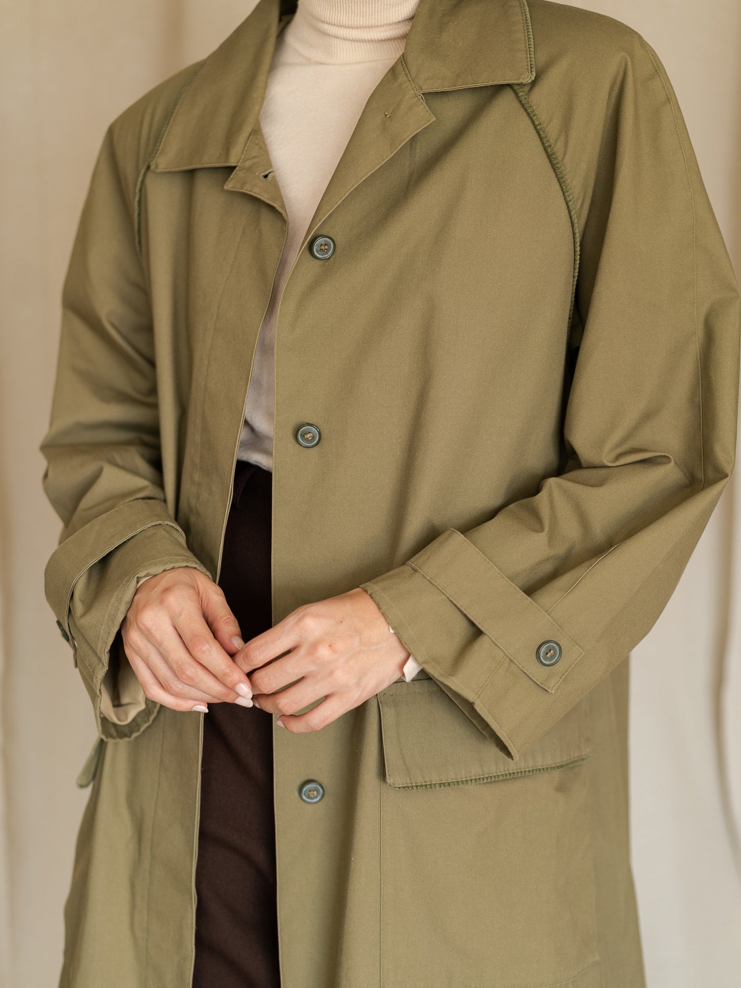 Vintage 70's Olive Single Breasted Trench Coat (L)