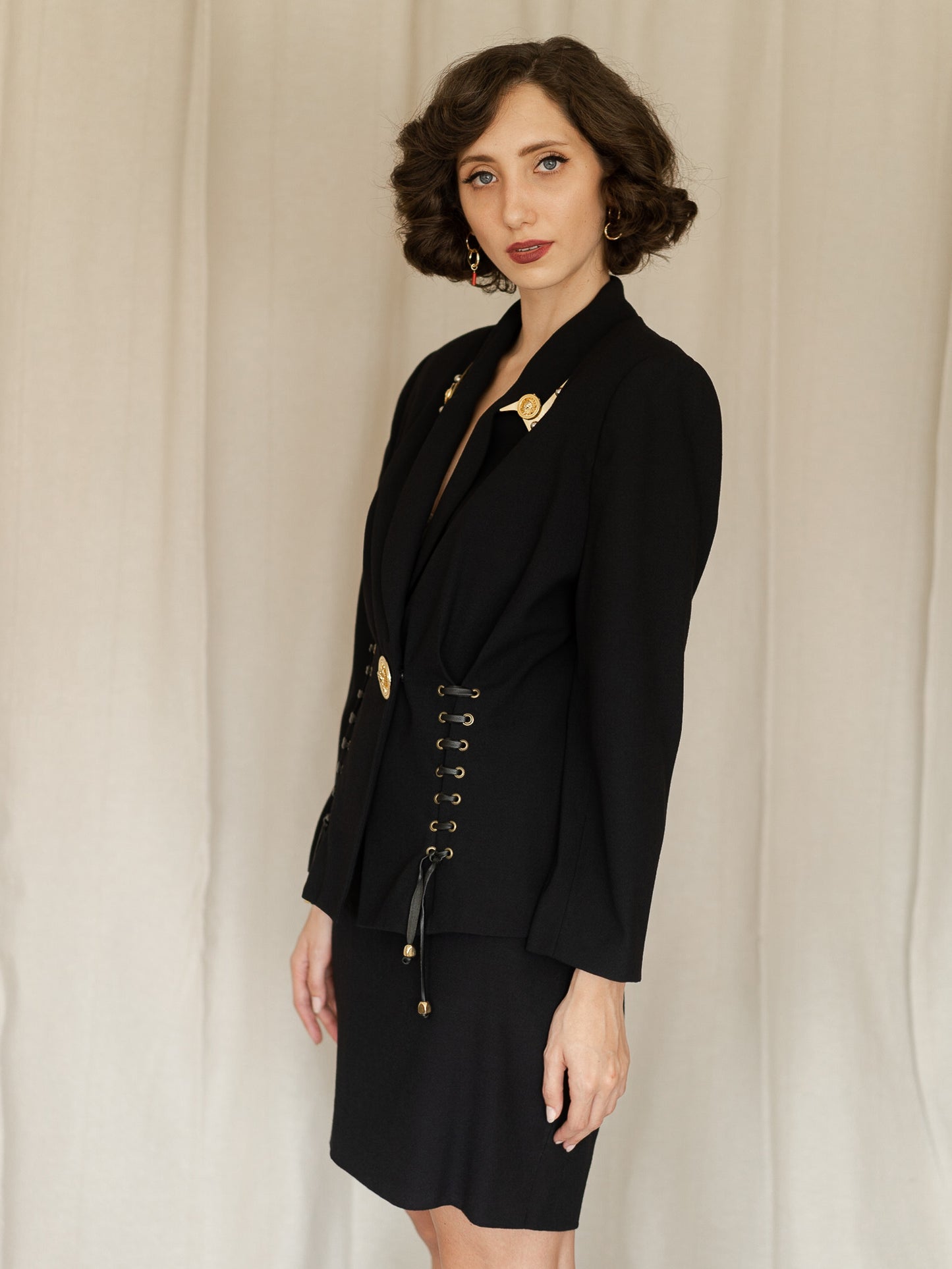Vintage 80's Terry Paris Light Wool Black Skirt Suit (38)