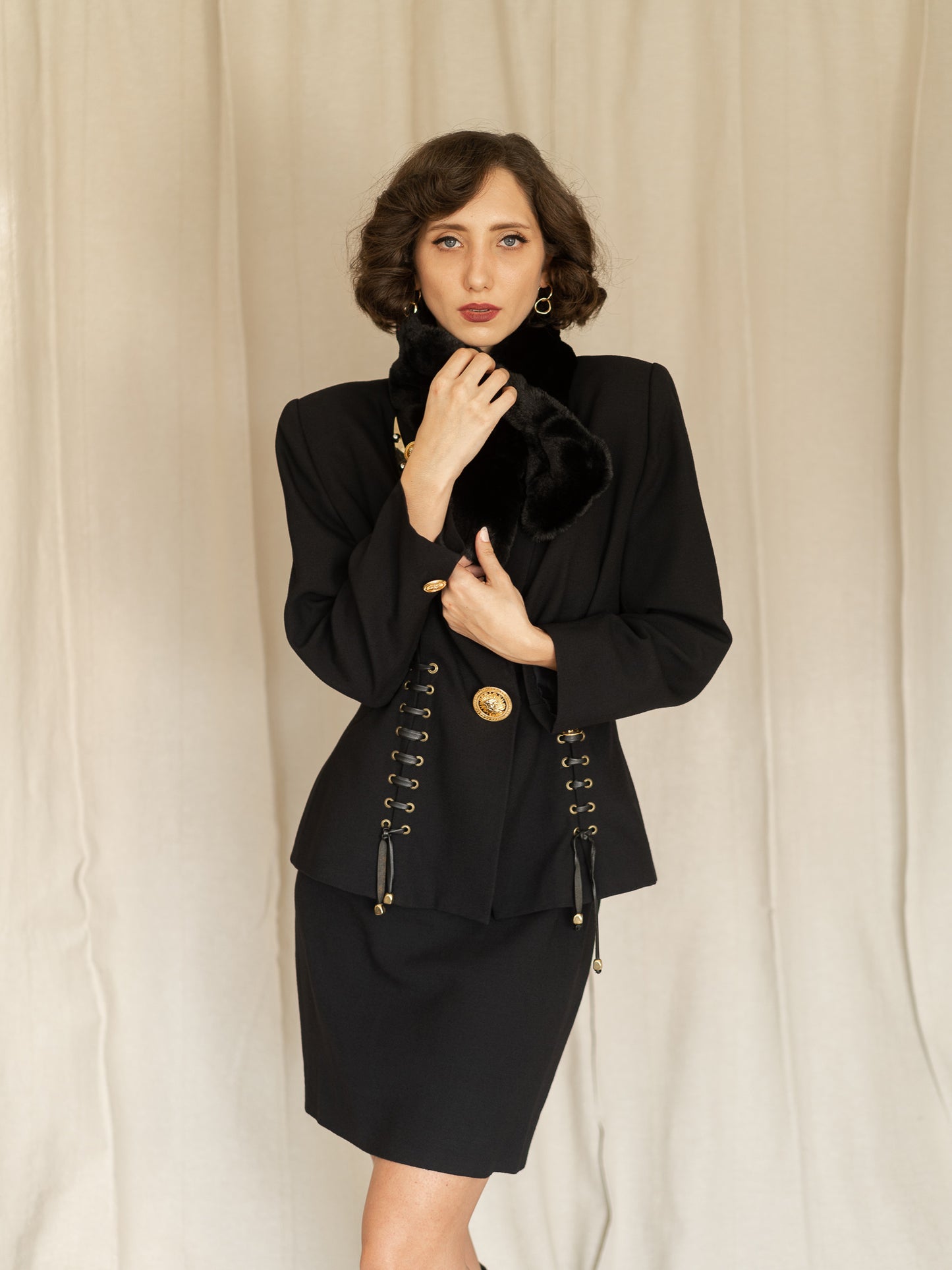 Vintage 80's Terry Paris Light Wool Black Skirt Suit (38)