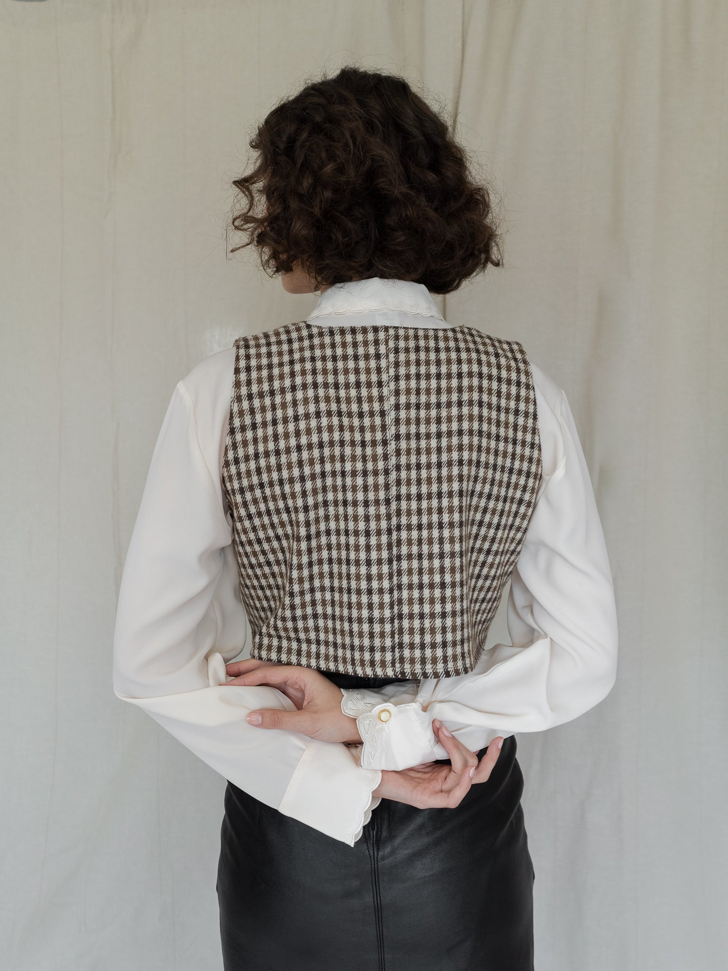 Vintage Reworked Cropped Wool Shepherd Check Beige & Brown Vest