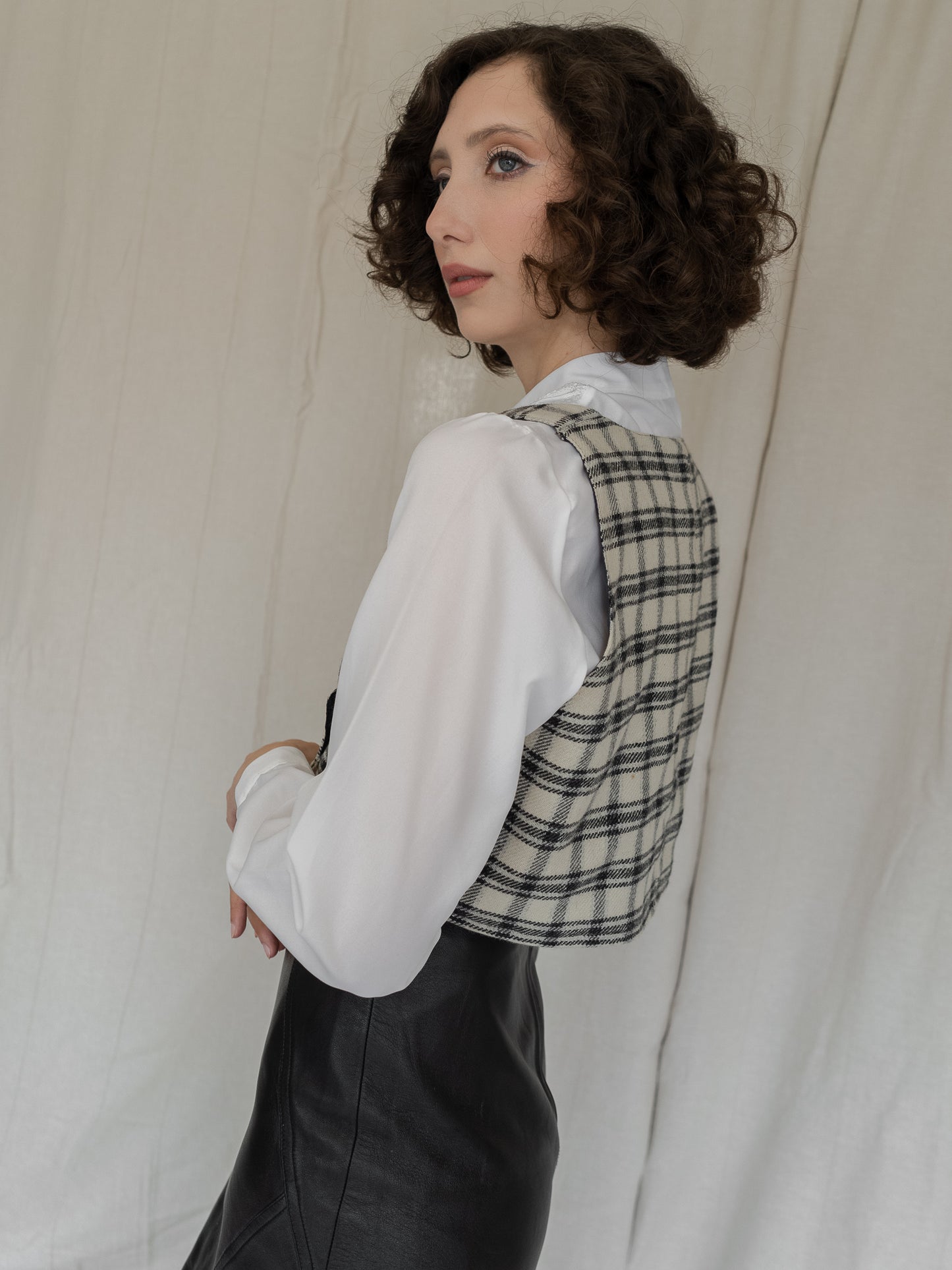 Vintage Reworked Cropped Wool Tartan Plaid Beige & Black Vest