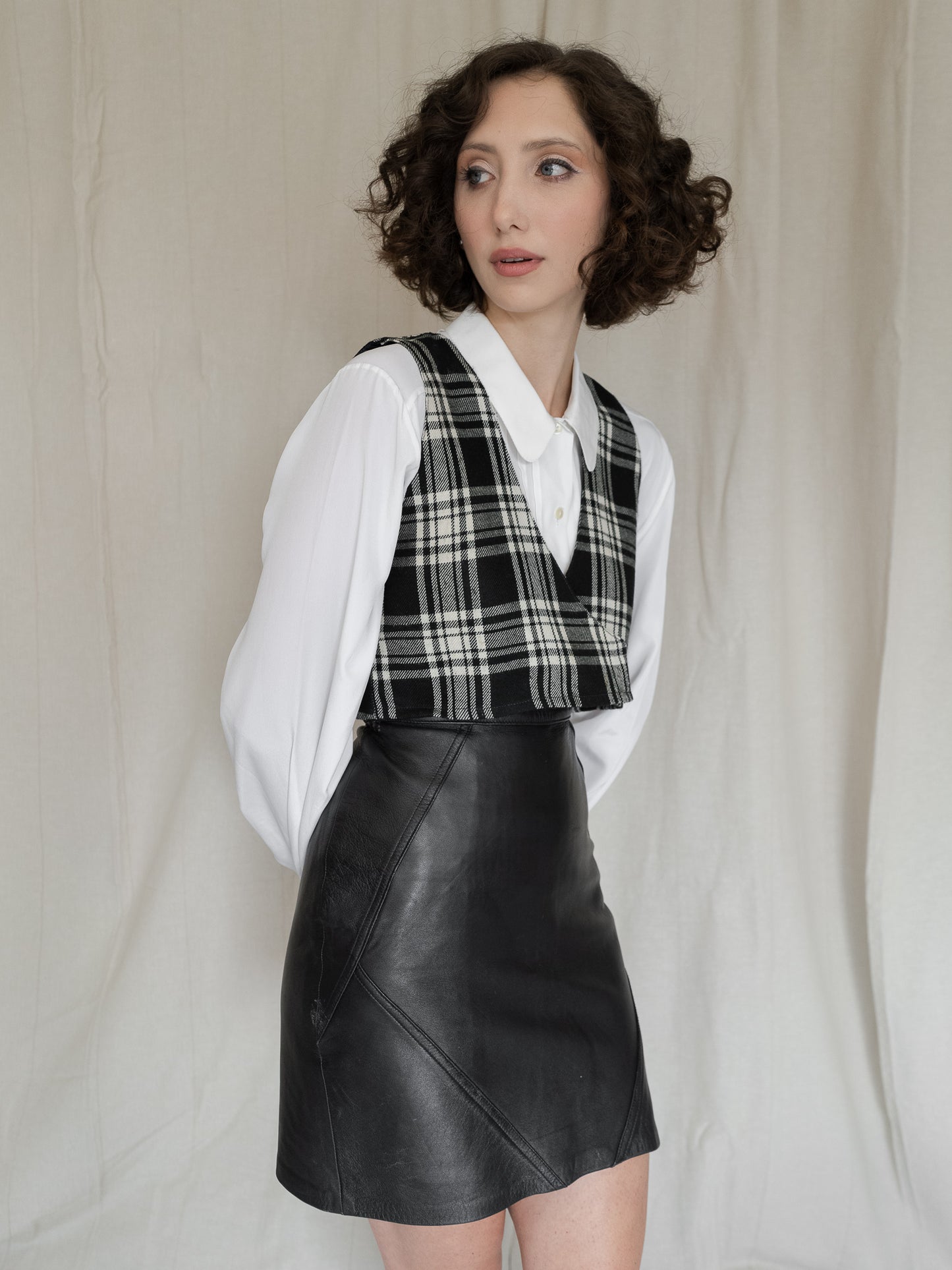 Vintage Reworked Cropped Wool Tartan Plaid Black & White Vest