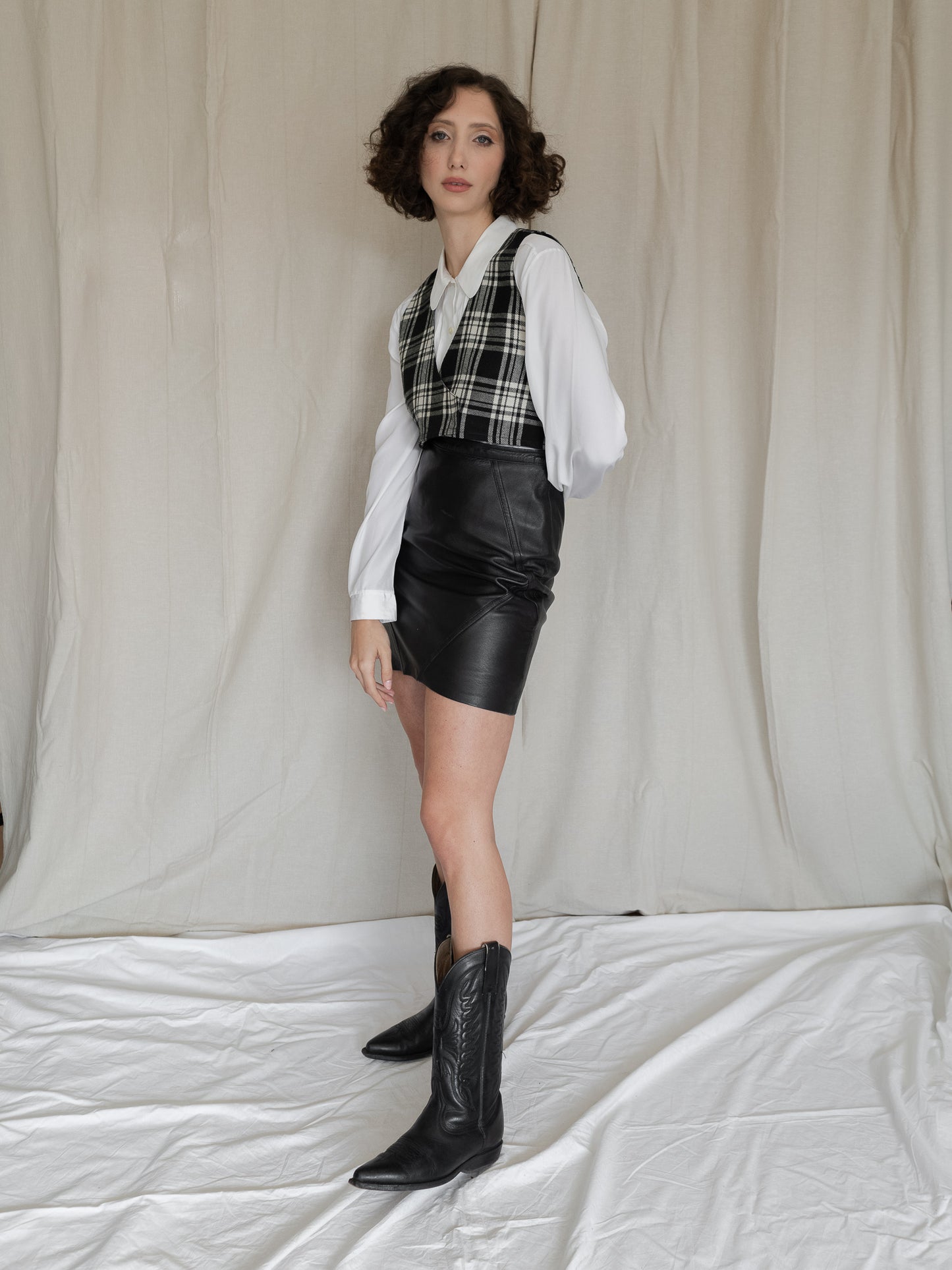 Vintage Reworked Cropped Wool Tartan Plaid Black & White Vest