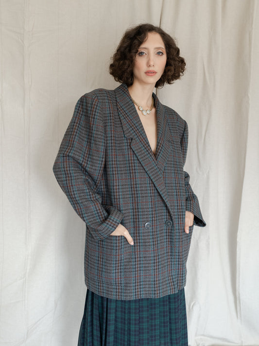 Vintage 70's Oversized Mini Check Double Breasted Wool Blazer (XL)