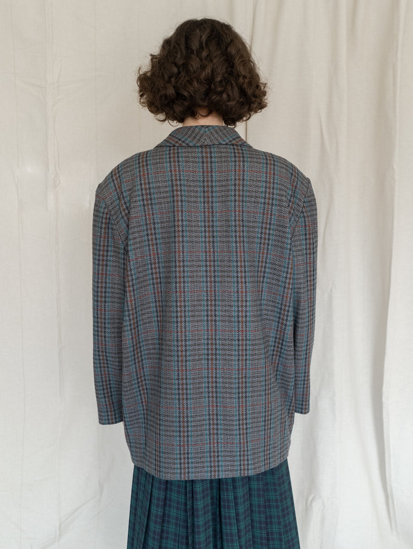 Vintage 70's Oversized Mini Check Double Breasted Wool Blazer (XL)