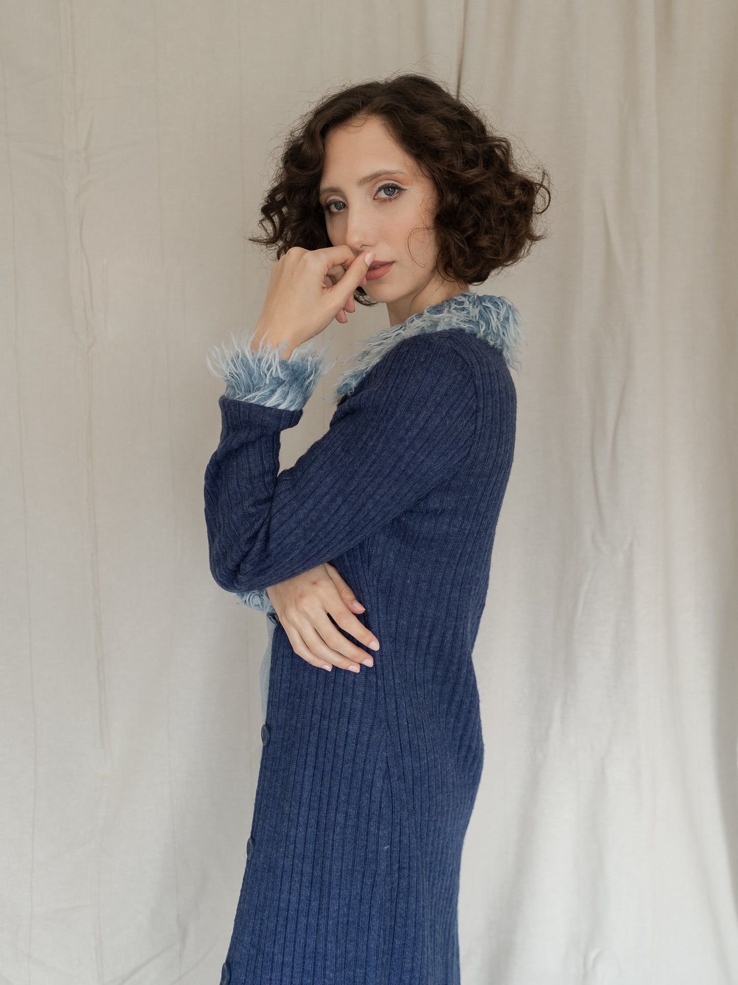 Vintage Y2K Long Knitted Blue Duster Cardigan With Faux Fur (S)