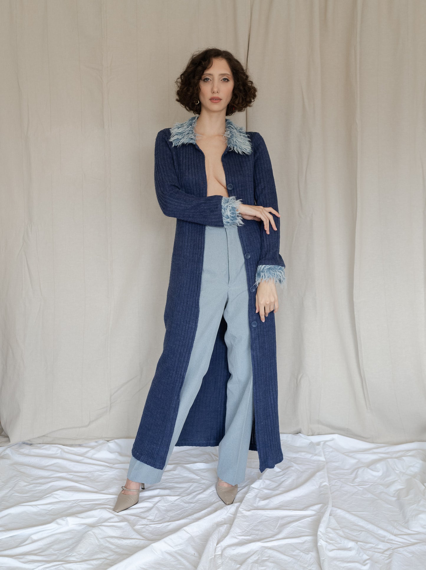 Vintage Y2K Long Knitted Blue Duster Cardigan With Faux Fur (S)