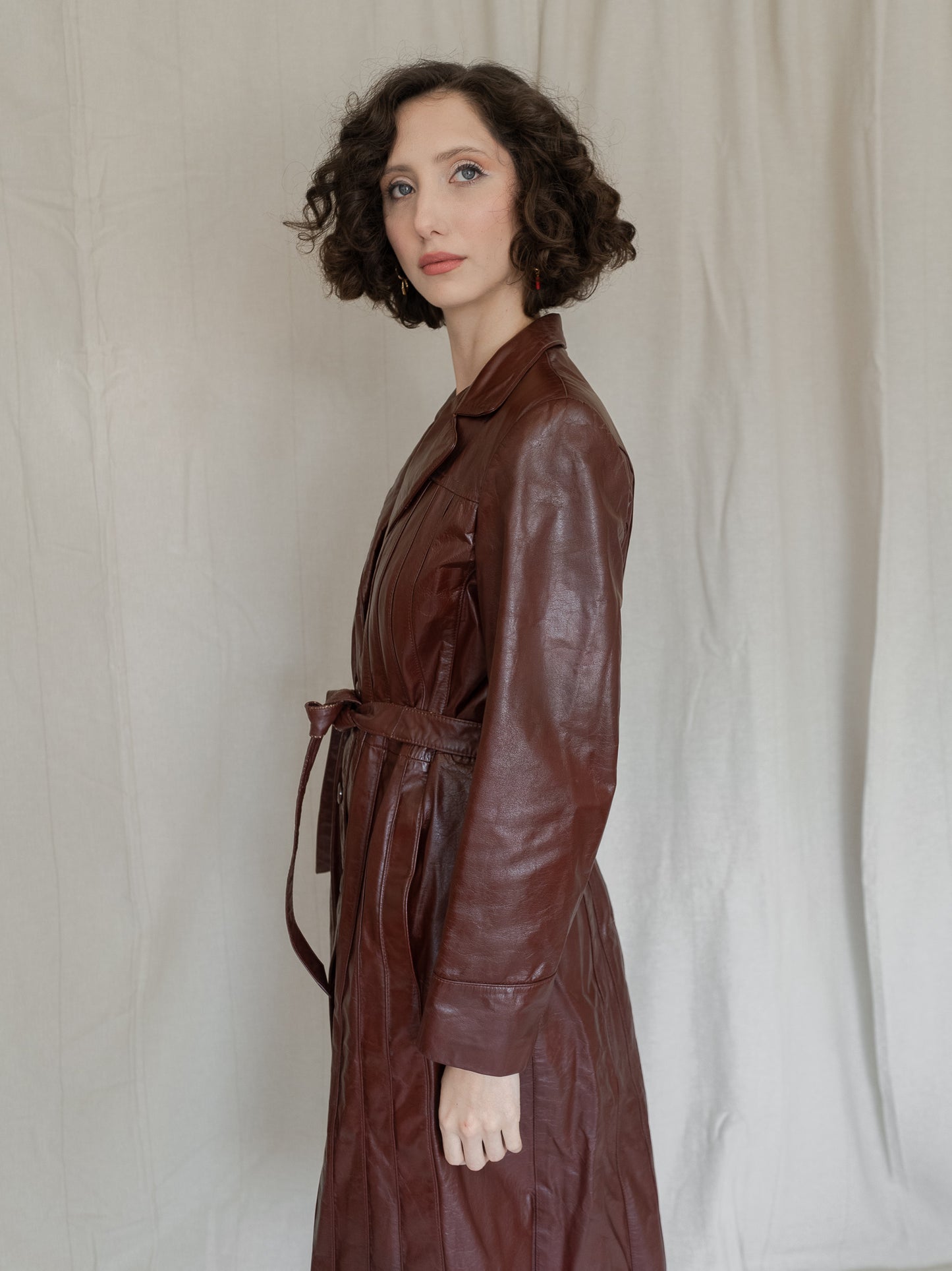 Vintage 70's Burgundy Long Leather Single Breasted Trench Coat (M)