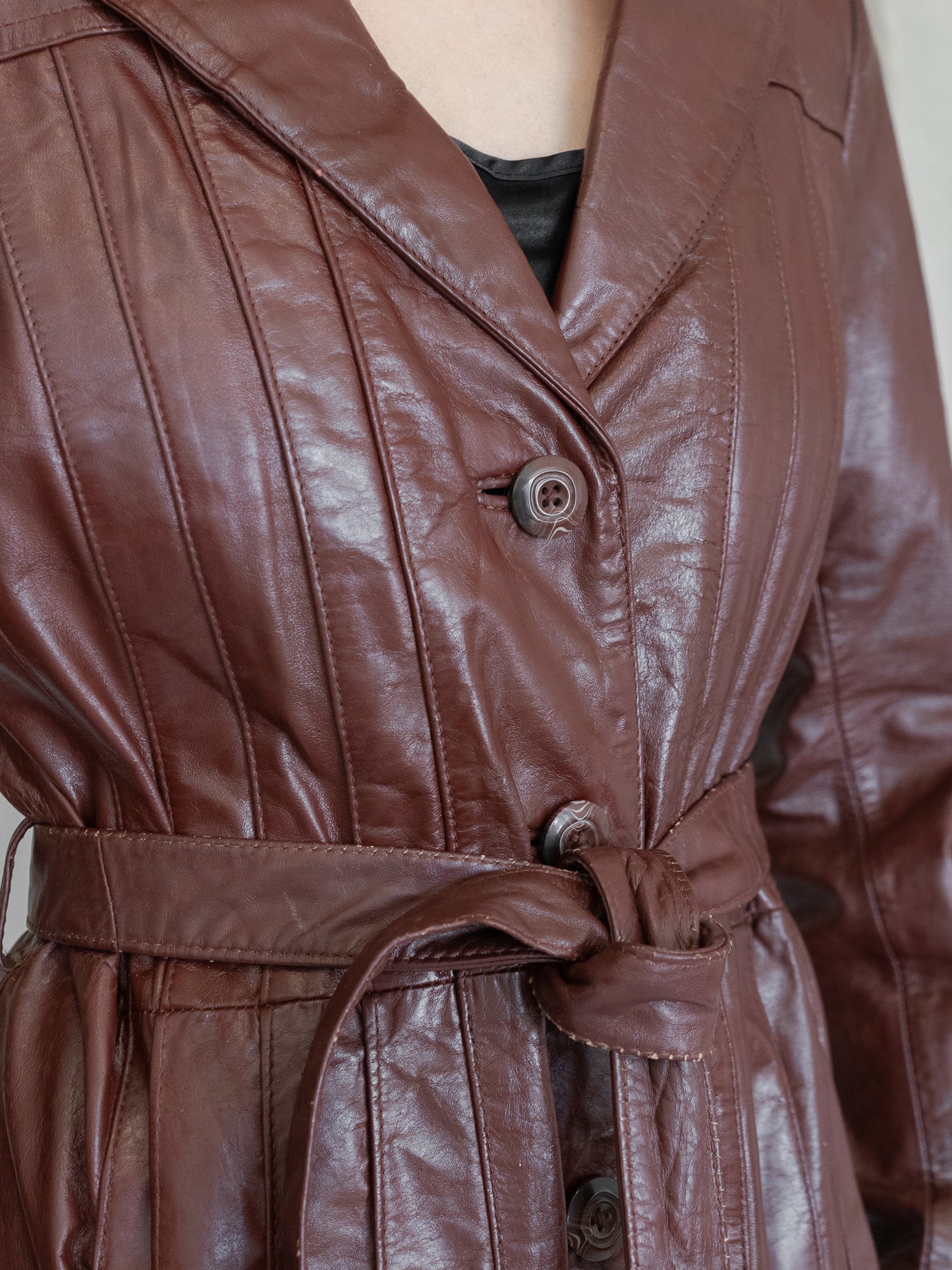 Vintage 70's Burgundy Long Leather Single Breasted Trench Coat (M)
