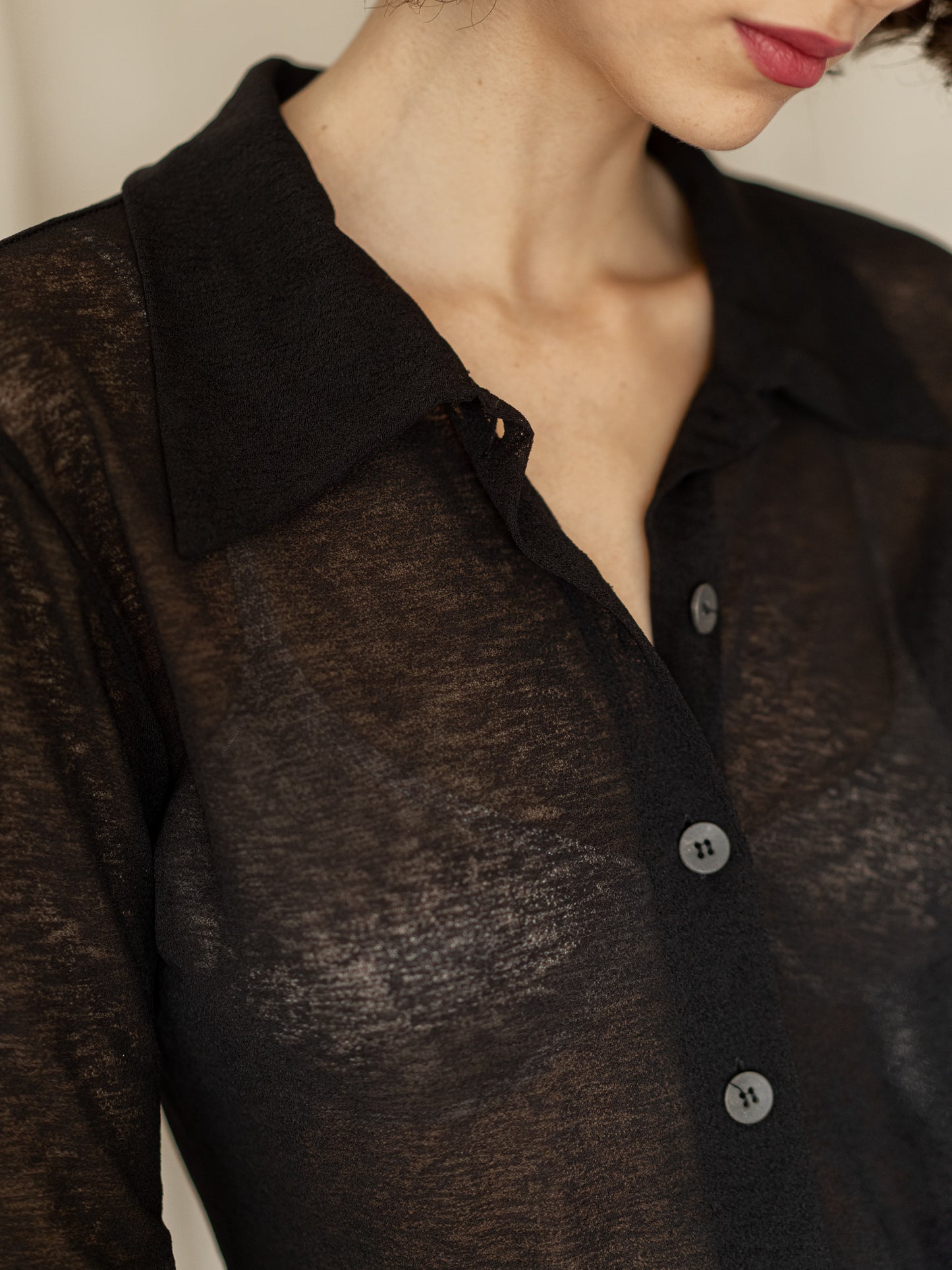 Vintage 90's Black See Through Stretchy Button Down Blouse (S)