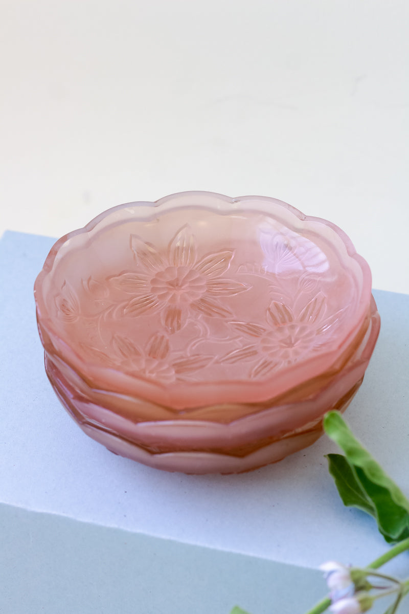 Vintage 40's Floral Pastel Pink Glass Plates Set Of 4