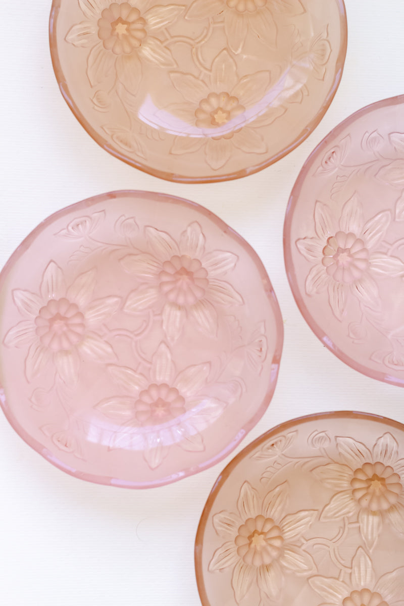 Vintage 40's Floral Pastel Pink Glass Plates Set Of 4