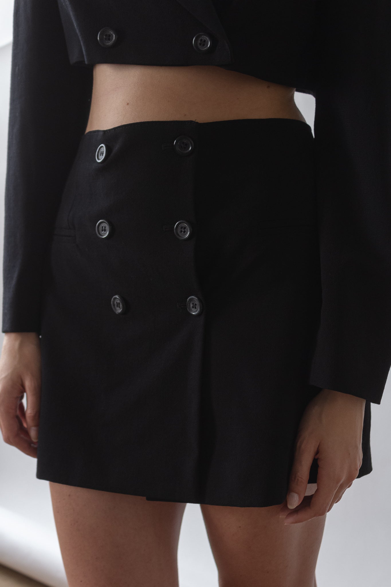 Vintage 80's Reworked Co-ord Black Skirt and Cropped Blazer Light Wool Suit