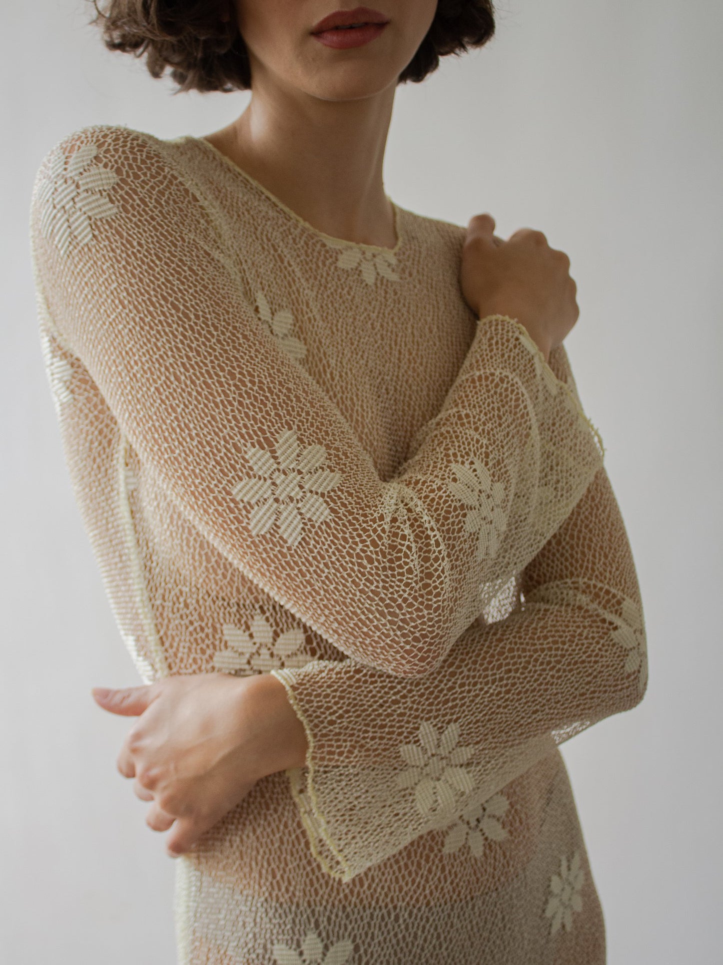 Vintage 90's floral Crochet Knit mesh Long Sleeve Maxi Dress (S)