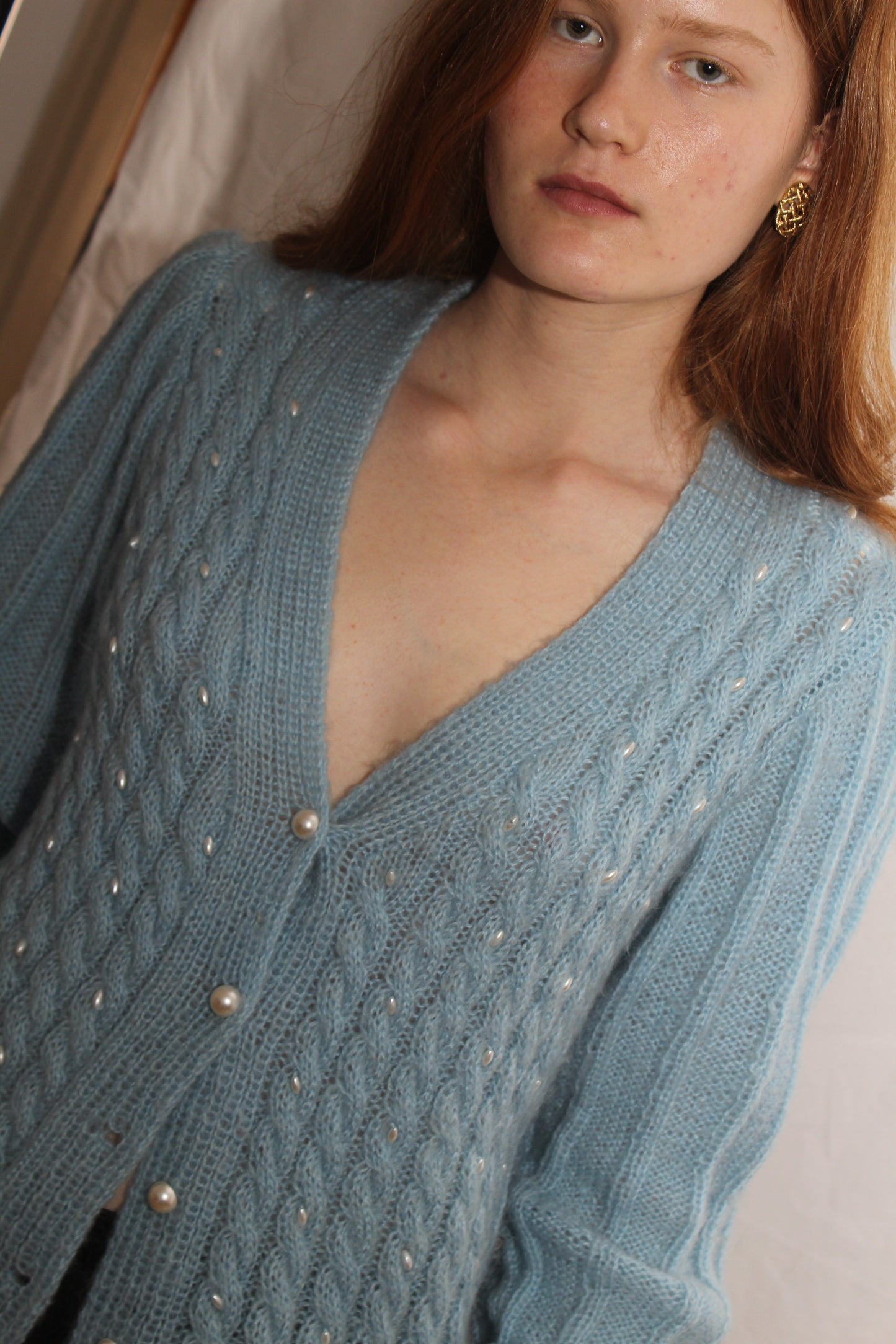 Vintage 50's Hand Knitted Baby Blue Pearly Mohair Cardigan (L)